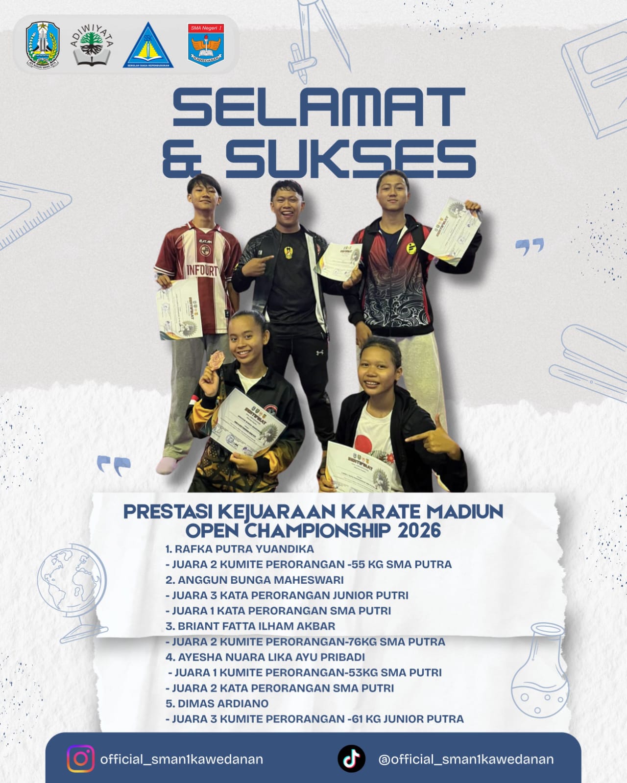 Sabet Berbagai Medali, Kontingen Karate SMAN 1 Kawedanan Gemilang di Madiun Open 2026